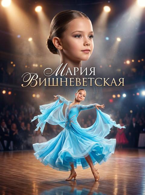 БАЛЬНЫЕ ТАНЦЫ (ДЕВОЧКА) Создай кинематографичный художественный постер с юной танцовщицей бальных танцев (девочка), используя референсное фото и максимально точно сохраняя черты лица, пропорции и индивидуальность внешности. Сцена: танцевальный зал или сцена для соревнований по бальным танцам. Атмосфера элегантная, торжественная, с мягким, но драматичным освещением (прожекторы сверху и контровой свет), легкая дымка добавляет глубину. Композиция: На переднем плане — девочка в полный рост в танцевальной позе (вращение, па или финальная поза), с плавным движением рук и корпуса. Динамика: развевающееся платье, ощущение легкости и грации. Возможен партнер вне фокуса или обрезан, но основной акцент только на ребенке. На заднем плане — крупный портрет того же девочки, с точным сохранением лица с референса, уверенный, спокойный, сценический взгляд. Важное требование (референс): Сохранить идентичность лица: форма глаз, носа, губ, пропорции. Не «взрослить» внешность. Без чрезмерной ретуши. Максимальная узнаваемость. Внешний вид: Бальное платье (пышное или приталенное, с легкими тканями, стразами, декоративными элементами). Танцевальная обувь. Аккуратная сценическая прическа (пучок или собранные волосы). Легкий сценический макияж, соответствующий возрасту. Естественное детское телосложение. Фон: Танцевальный паркет. Размытые огни зала или силуэты зрителей. Прожекторы и световые блики. Глубина сцены с мягким боке. Цветовая палитра: Элегантные и насыщенные цвета (розовый, красный, изумрудный, золотой). Теплый сценический свет. Контраст с затемненным фоном. Блестящие акценты ткани. Текст: Имя и фамилия: «{FULLNAME}». Шрифт: элегантный, изящный, с плавными линиями и танцевальной пластикой. Стиль: Гиперреализм с сохранением likeness, Cinematic lighting, Soft dramatic contrast, Ultra detailed fabrics, Depth of field, Motion elegance. Эффекты: Легкая дымка и световые лучи, блики и отражения на паркете, движение ткани (эффект шлейфа), мягкие светящиеся частицы и искры, подчеркивающие магию танца, акцент на текстуре платья и свете. Атмосфера: грация, элегантность, уверенность, красота движения, сцена, вдохновение, праздник танца. Другой текст, кроме имени и фамилии не добавляй. На русском языке. Кожа лица реалистичная без эффекта пластика.