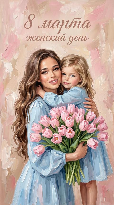 A depiction of a young beautiful woman with waist-length wavy hair.
Delicate makeup in nude tones and a soft, warm smile.
Dressed in an elegant light blue dress with long, loose sleeves. She is embraced by a girl in a similar dress of the same color.
In her hands is a huge, lush bouquet of soft pink tulips.
The girl snuggles close to the woman, embracing her shoulders, creating an atmosphere of love and tenderness.
Image style: artistic digital painting with the effect of textured oil paint brushstrokes on canvas (oil painting, heavy brushstrokes).
Background: abstract, rendered in pastel pink, beige, and cream tones, mimicking wide brushstrokes.
Lighting: soft, diffused, natural, highlighting facial features and creating volume on the tulip petals.
Angle and composition: waist-up portrait, front view, figures positioned centrally. In the upper part of the image, an artistic inscription 'March 8' - 'Women's Day', rendered in calligraphic font matching the overall palette.
Overall mood: spring-like, joyful, touching, and bright.
Format 9:16
Do not change facial features.