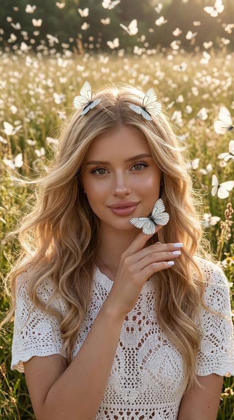 Create a close-up shot, without altering facial features. A magical and vivid photo of a young woman in a knitted summer openwork suit, with a short top (midriff visible) with long sleeves and a long skirt, posing amidst 1000 floating white butterflies. Only her face and shoulders are visible in the frame. Her long wavy hair beautifully billows in the wind, a gentle smile looks at the camera. A butterfly is resting on her hand, which the girl has brought close to her face. Flawless makeup, tanned skin. Milky square manicure. Two butterflies are perched on her head.
The scene takes place in a field. An atmosphere of a fairy tale, a moment of absolute happiness and unity with nature. Soft lighting, high detail of butterfly wings and dress texture, cinematic shot, 8k. hyperrealism.