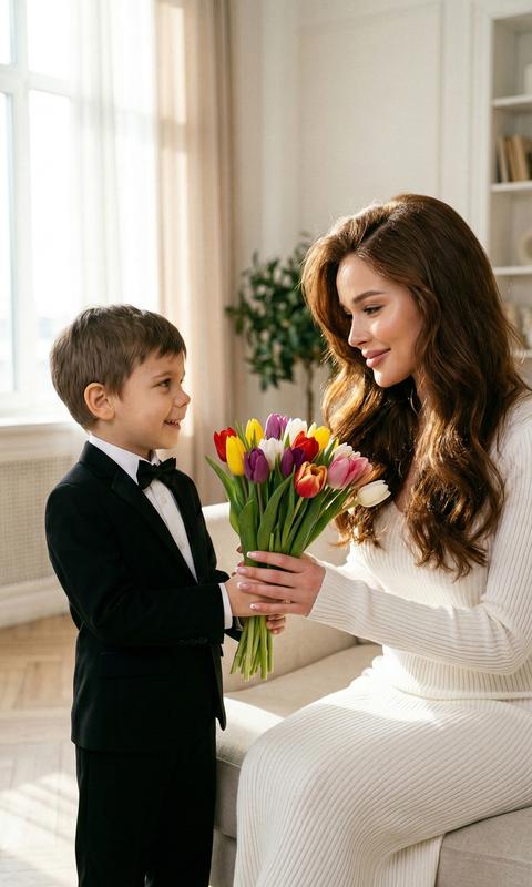 Half-body shot. A girl and her son in a bright room, the son is holding a bouquet of colorful tulips, offering them to his mom. The son is wearing a black tuxedo. The mom is looking at her son with a slight smile. The mom is wearing a white ribbed dress with sleeves. The mom's hair is voluminous and shiny. Cinematic effect with added grain. The mom's nails have a French manicure. Skin is perfectly lit. Do not change facial features.