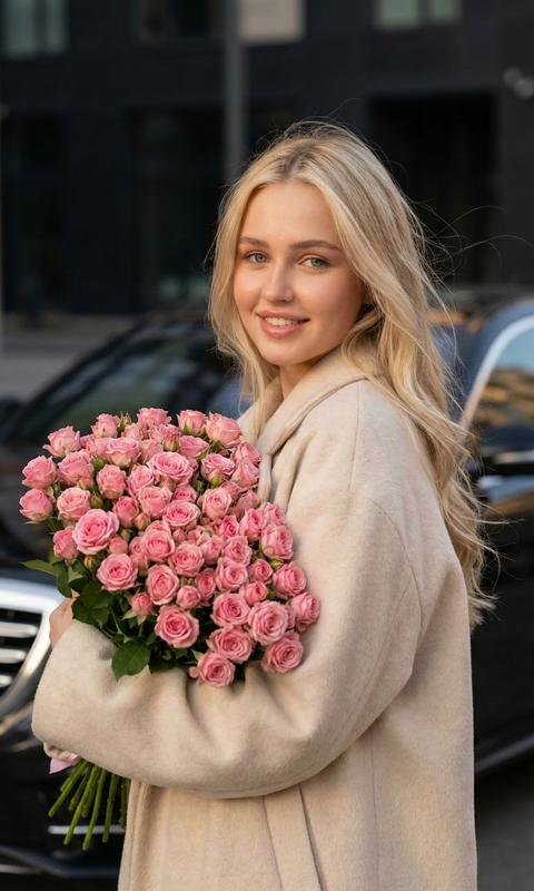 СТРОГО сохранить внешность девушки с фото 1:1 — лицо, черты, пропорции, текстуру кожи и тон без изменений. Ультрареалистичное уличное фото в золотой час, формат 3:4, приближённый портрет по пояс. Камера на уровне груди, 85mm, мягкая глубина резкости. Камера Canon EOS R5, объектив 85mm f/1.4, съёмка на f/2.0, высокая контрастность. Девушка стоит в 3/4, правое плечо ближе к камере. С распущенными слегка волнистыми волосами, несколько прядей движутся от ветра. Губы с прозрачным блеском. На ней объёмное пальто светлого кремово-бежевого оттенка, мягкая фактура ткани. В руках большой пышный букет мелких кустовых роз розового цвета с мягким градиентом, цветы плотно собраны. Девушка прижимает букет к себе, голова ровно, лёгкая улыбка, взгляд в камеру. На фоне рядом сзади почти вплотную чёрная машина и тёмные фасады зданий, слегка размытые. Тёплый закатный свет, фотореализм, высокая детализация.