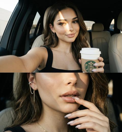 СТРОГО сохранить внешность 1:1. Триптих 9:16, три горизонтальных кадра. Фотореалистичная luxury cinematic editorial съёмка в автомобиле с тёмным салоном и светлыми кожаными сиденьями, golden hour, мягкая плёночная зернистость, приглушённая палитра, clean glossy skin, высокий контраст. На девушке чёрный топ на широких бретелях. Волосы распущены, чуть растрёпаны, подсвечены солнцем. Лёгкий смоки, черные ресницы, глянцевые губы. Один и тот же образ во всех кадрах. Верхний: selfie от первого лица, девушка полубоком смотрит в камеру, в руке стакан кофе Starbucks, солнечный луч проходит через один глаз и щёку, в ухе серебряная каффа с тонкой цепочкой. Средний: экстремальный close-up губ, носа и нижней части лица, миндальные ногти френч холодного nude касаются нижней губы. Нижний: профиль у окна, голова слегка запрокинута на сиденье, пальцы касаются шеи, широкий луч солнцв проходит через глаз и верх скулы.