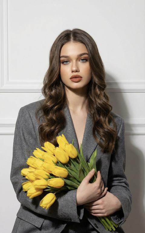 создай портрет, не меняя черты лица.  Портрет красивой молодой женщины с длинными,  волнистыми  волосами. Она одета в объемный серый пиджак (оверсайз) на голое тело и брюки в тон.  В руках она держит большой букет ярко-желтых тюльпанов. У женщины безупречный макияж в теплых тонах, акцент на глаза и полные губы с матовой помадой. Фон минималистичный, белая стена с классической лепниной. Мягкое студийное освещение, высокая детализация кожи и текстуры ткани, эстетика модного глянца. Стиль "Old Money" смешанный с современным фешн-фото. Освещение мягкое, создающее глубокие тени. Фон — светлый классический интерьер. белый фон с молдингами, фотосессия в студии, высокое разрешение, реализм.