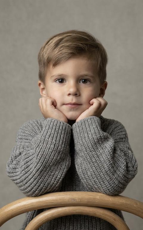 A boy poses in a studio against a neutral gray-beige background with a soft texture. His body is turned directly toward the camera, his elbows resting on the back of a wooden chair, his chin slightly lowered on his folded hands, his head tilted slightly forward, his gaze directed directly at the lens. The portrait is chest-length, framed at the child's eye level. The composition is centered, with his face occupying the center of the frame and the background softly filling the entire space.

He is wearing a voluminous gray knit sweater made of thick, textured wool with a chunky knit. The sleeves are long and slightly cover his hands. The fabric is matte with a soft surface. He is leaning against a light-colored wooden chair with a rounded back and a smooth, matte surface.

The location is a minimalist studio with a neutral, textured background, free of any additional objects. The space is completely clear, focusing on the face and the texture of the sweater.

The lighting is soft and diffused, with the main light positioned frontally and slightly above eye level. The light evenly illuminates the face, creating soft shadows under the chin and hands. The contrast is low to moderate, the shadow transitions are smooth, the highlights on the skin are delicate and controlled, and the background is slightly darkened at the edges.

Shot with an 85mm portrait lens, shallow depth of field with sharp focus on the eyes and face, the background is softly blurred with a creamy bokeh, and the skin texture and knit of the sweater are highly detailed. This is classic kids' portrait photography, highly detailed, and photorealistic.

Soft classic portrait mood,
neutral cool color temperature,
dominant gray and muted beige tones,
low to moderate saturation,
low to medium contrast lighting,
soft diffused frontal light,
gentle highlight roll-off,
natural neutral skin tone rendering,
subtle creamy background blur,
clean fine texture with minimal grain,
timeless natural color grading.Не меняй черты лица 