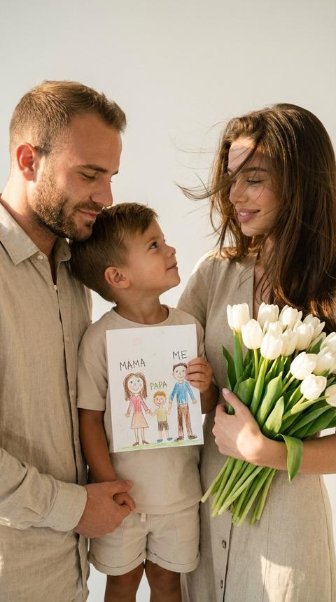 Не меняй черты лица. Крупный драматичный close-up семьи из 3 человек на фоне белой фотостудии: мужчина слева в профиль с полуопущенными глазами смотрит на мальчика(с фото)  с легкой улыбкой держа его за руку, мальчик смотрит на маму с легкой улыбкой, мама с легкой улыбкой. У мальчика в одной руке рисунок детский мама папа и мальчик. Они стоят в светлой фотостудии. Фото в золотой час. Ветер растрёпывает волосы мамы, пряди частично закрывают лицо, добавляя динамику,на них всех бежевая легкая стильная одежда. Мальчик одет в светлые шорты и футболку. Мама держит большой букет белых тюльпан в руке.  Атмосфера интимная,кинематографичная,эмоциональная.Высокая детализация кожи,натуральная текстура,мягкие тени и приглушённые хайлайты.
Плёночный эффект с выраженным зерном, матовые тени, обработка в стиле Kodak Portra 400.Съёмка на 85mm в модном editorial-стиле