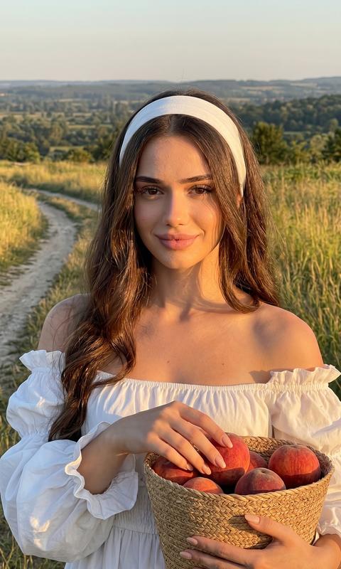Strictly preserve appearance 1:1 — face, features, proportions, skin texture, skin tone, age, hair color and length. 9:16 format. Shot on iPhone, 24mm, golden hour sunset, harsh natural sunlight, candid lifestyle. Chest-up shot. Girl's torso and body facing directly towards the camera. Eye-level shot. Girl with loose, wavy hair. She is wearing a white off-the-shoulder dress with ruffles, and a white headband on her head. In her right hand, she holds a straw basket with velvety peaches. With her left hand, she touches one of the peaches in the basket. Gaze directly into the lens, slight smile. Nude manicure. Low side sun, deep shadows, crisp highlights. Deep depth of field, a receding path, grass, and landscape in the background fully in focus. Visible pores, open pores, uneven skin tone, peach fuzz, real lip texture, no AI smoothing, no plastic skin.