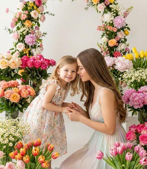 Молодая женщина и маленькая девочка стоят в яркой фотостудии, украшенной большим количеством разноцветных живых цветов: розы, тюльпаны, пионы, ромашки, цветочные арки и композиции на фоне. Мама в светлом элегантном платье пастельного оттенка, дочка в воздушном платье с цветочным принтом. Они держатся за руки и слегка наклоняются друг к другу. Поза естественная и тёплая, дочка улыбается, мама смотрит на неё с нежностью. Камера расположена на уровне глаз, создавая ощущение близости и семейного уюта. Освещение яркое, мягкое и равномерное, студийный свет без жёстких теней, подчёркивает цвета цветов и текстуру кожи. Фон светлый, с цветочными декорациями, создаёт атмосферу праздника и весны. Очень высокая детализация: текстура ткани, лепестки цветов, естественные оттенки кожи. Bright studio lighting, family portrait, floral background, ultra realistic, high fashion photography, 8k, sharp focus, professional camera, soft shadows, vibrant colors, editorial style. Не меняй черты лица