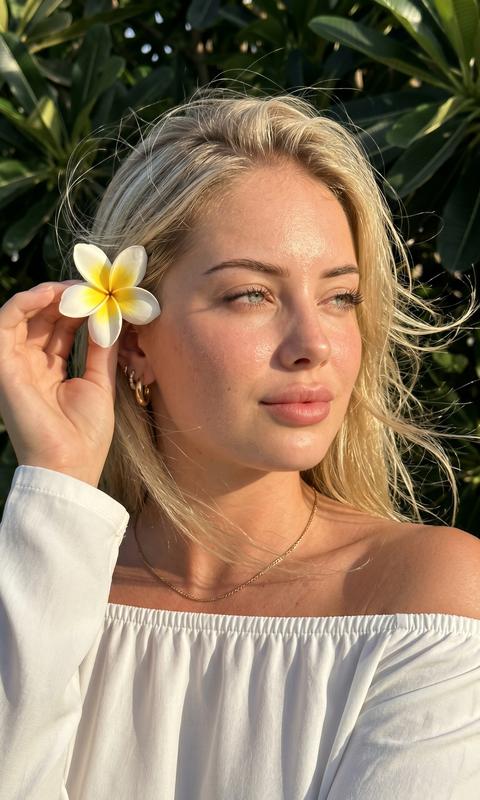 Strictly maintain appearance 1:1 — face, features, proportions, skin texture, skin tone, age, hair color and length. 9:16 format. Shot on iPhone 15 Pro, 24mm, golden hour, harsh natural sunlight, candid lifestyle. Extreme close-up. A girl with loose hair poses against a tropical bush background. She is wearing a white long-sleeved, off-the-shoulder blouse, gold hoop earrings, and a thin gold chain. Her right hand holds a white plumeria flower and brings it to her left ear. Head turned SIDEWAYS-RIGHT. Hair is strongly blowing in the wind, strands flying chaotically. Pouty lips, eyes squinted. Gaze to the side, past the camera. Relaxed facial expression with a slight smile. Harsh side light, crisp highlights. Background: blurred greenery of tropical bushes. Visible pores, open pores, uneven skin tone, peach fuzz, real lip texture, wet skin sheen, no AI smoothing.