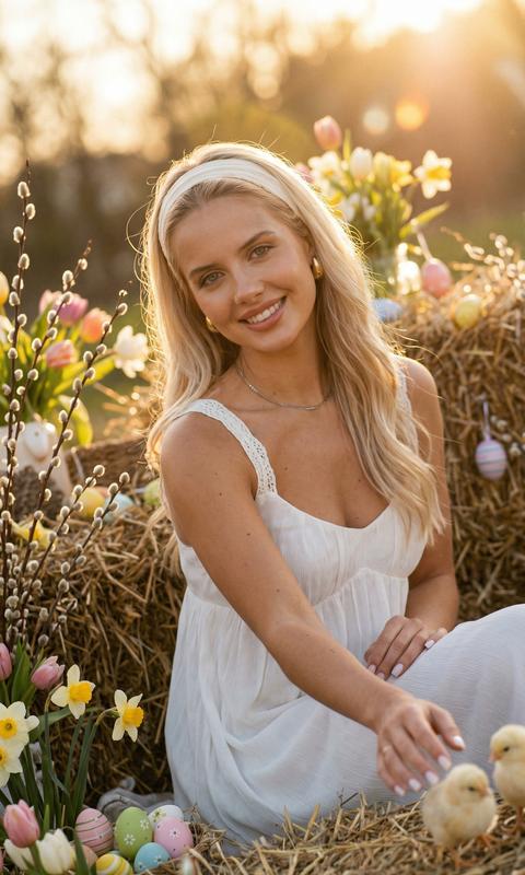 Создай портрет, не меняя черты лица. Девушка одета в лёгкое белое струящиеся платье на тонких бретелях, повязка на голове в тон,минималистичные украшения, макияж безупречный, слегка загорелая кожа, волосы красиво уложены,   маникюр чёткий квадрат молочного цвета, золотой час, лёгкое боке.она смотрит в камеру  и сидит  среди сена , украшено к Пасхе, ветки вербы, весенние цветы и пасхальных яица, одна рука вытянута к живым маленьким цыплятам, голландский ракурс 30° вправо, тёплый пленочный пастельный фильтр; формат 9:16.