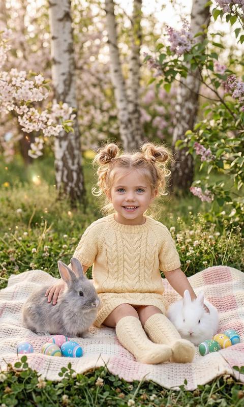 Кинематографический портрет с мелким зерном. Формат 9:16 
Маленькая девочка с кудряшками сидит на мягком пледе в цветущем саду. 
На ней одето вязаное платье пастельно-желтого цвета и вязаные гольфы. 
Прическа: две смешные маленькие шишечки на голове с торчащими прядками. 
Рядом с ней сидят два пушистых пасхальных кролика (белый и серый), она аккуратно гладит одного из них. На пледе разбросаны разноцветные пасхальные яйца. Фон: размытые стволы берез и цветущие кусты, зеленые листочки. Освещение: мягкий рассеянный свет, "золотой час", солнечные блики на траве. Реалистичное фото, высокая детализация, милота, уют.