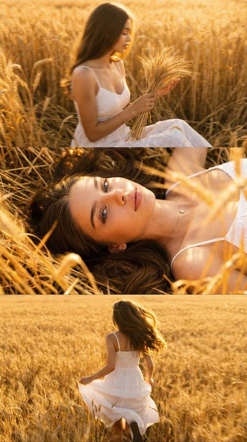 Не меняй черты лица вертикальный коллаж-триптих из трех горизонтальных кинематографических фрагментов:
Верхняя панель: боком к камере девушка в белом сарафане на брительках сидит в поле пшеницы, держит в руке букет пшеницы и смотрит на неё, все в золотом цвете, теплый свет выделяет все вокруг, фото смазанное в движении
Средняя панель: Загадочный снимок крупным планом, она лежит на спине смотря вверх, на котором большая часть лица видна на фоне пшеницы, все залито золотым светом
Нижняя часть снимка: она бежит спиной от камеры по полю пшеницы волосы развиваются на ветру, фото смазанное в движении, она в том же белом сарафане на бнительках, руками приподнимает платье, все залито золотым светом
Освещение - высококонтрастная, сдержанная светотень с теплым золотистым сиянием. Атмосфера - интимная на фоне золотого поля пшеницы, благодаря крупнозернистой пленке и винтажной эстетике.
Платье и Волосы везде одинаковые очень длинные блестящие объемные, локонами поподает на лицо.
Везде фото в золотой час и кинематографический эффект с добавлением зерна и в золотой дымке Не меняй черты лица вертикальный коллаж-триптих из трех горизонтальных кинематографических фрагментов:
Верхняя панель: боком к камере девушка в белом сарафане на брительках сидит в поле пшеницы, держит в руке букет пшеницы и смотрит на неё, все в золотом цвете, теплый свет выделяет все вокруг, фото смазанное в движении
Средняя панель: Загадочный снимок крупным планом, она лежит на спине смотря вверх, на котором большая часть лица видна на фоне пшеницы, все залито золотым светом
Нижняя часть снимка: она бежит спиной от камеры по полю пшеницы волосы развиваются на ветру, фото смазанное в движении, она в том же белом сарафане на бнительках, руками приподнимает платье, все залито золотым светом
Освещение - высококонтрастная, сдержанная светотень с теплым золотистым сиянием. Атмосфера - интимная на фоне золотого поля пшеницы, благодаря крупнозернистой пленке и винтажной эстетике.
Платье и Волосы везде одинаковые очень длинные блестящие объемные, локонами поподает на лицо.
Везде фото в золотой час и кинематографический эффект с добавлением зерна и в золотой дымке
