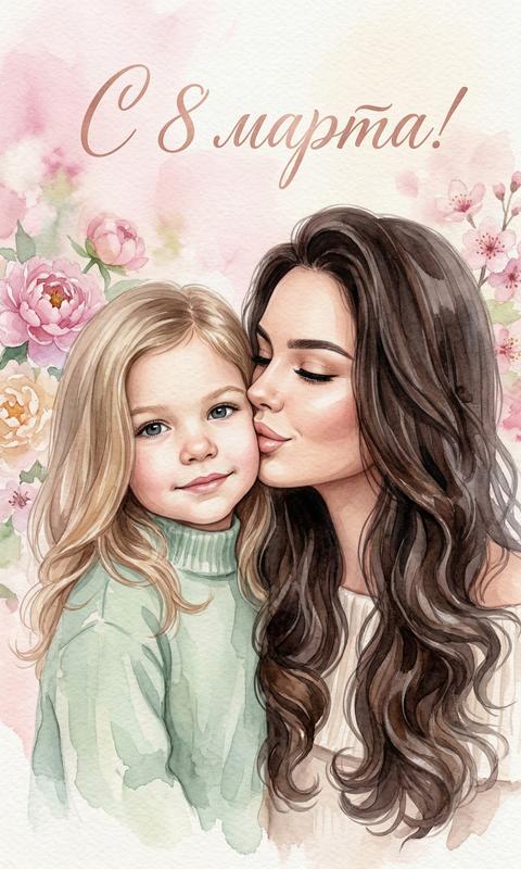 Создай открытку, не меняя черты лица. Я в образе молодой красивой женщины с  волнистыми  волосами , нежный натуральный макияж в нюдовых тонах, лёгкая тёплая улыбка. Моя  дочка  с  слегка волнистыми волосами прижимается ко мне щекой, она смотрит на зрителя, я целую её в щечку.
Стиль изображения: художественная акварельная живопись высокого качества, крупный план (head and shoulders portrait), прозрачные многослойные акварельные заливки, мягкие размытые края, деликатные переходы цвета, реалистичная передача черт лица с сохранением естественного сходства.

Фокус: детально прорисованные глаза и выражения лиц, лёгкие блики в глазах, мягкая текстура кожи, воздушные мазки вокруг волос.

Фон: абстрактный акварельный, пастельно-розовый и кремовый градиент с лёгкими цветочными пятнами, текстура плотной хлопковой бумаги, лёгкая художественная виньетка.

Освещение: мягкое, рассеянное, тёплое, подчёркивающее объём лица и нежность сцены.

Типографика: в верхней части картины надпись «С 8 марта!» изящной каллиграфией, гармонично встроенной в композицию.

Общее настроение: трогательное, весеннее, тёплое и интимное, словно авторская акварельная открытка.

Формат: 9:16, высокое разрешение, 300 dpi.