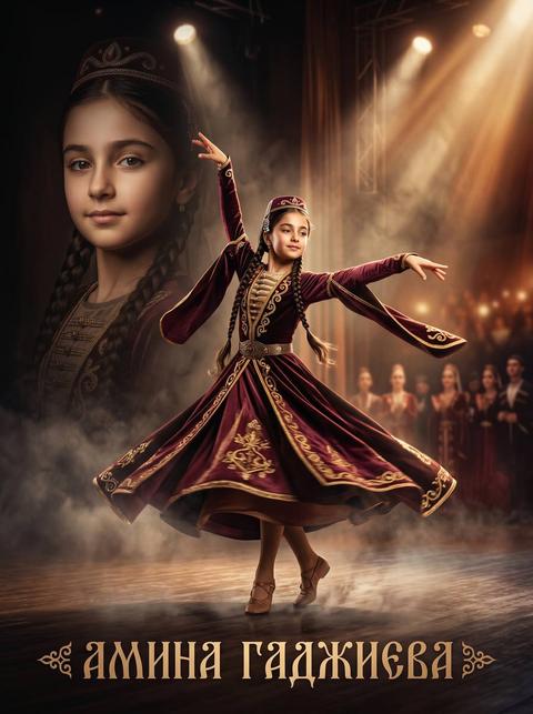 Создай кинематографичный художественный постер с юной танцовщицей кавказских танцев.
Сцена: сценическая площадка или зал для репетиций с театральной атмосферой. Пространство оформлено как сцена выступления: затемненный зал, мягкий дым/дымка, драматическое сценическое освещение (лучи сверху и сбоку), создающее ощущение выступления в момент кульминации танца.
Композиция:
На переднем плане — девочка в полный рост в динамичной танцевальной позе (движение рук, выразительная постановка корпуса, легкий разворот тела, ощущение грации и силы).
Поза должна передавать традиционный характер кавказского танца: гордую осанку, точность движений, баланс между мягкостью и энергией.
Эффект «замороженного момента» — как будто пойман самый выразительный кадр танца.
На заднем плане — крупный художественный портрет той же девочки (спокойное, сосредоточенное лицо, уверенность, мягкий взгляд, ощущение внутренней собранности перед выступлением).
Внешний вид:
Традиционный сценический костюм для кавказских танцев (девичий вариант): элегантное платье с длинной юбкой, декоративные элементы, национальные орнаменты
Плавные ткани, создающие ощущение движения
Аккуратная прическа (например собранные волосы, косы или пучок), украшения для волос в традиционном стиле
Сценическая обувь, подходящая для танца
Внешний вид строго возрастной (ребёнок {AGE} лет), без взрослой стилизации
Фон:
Театральная сцена или затемненный зал с акцентом на свет
Прожекторы сверху создают лучи через легкую дымку
Размытый фон с ощущением глубины сцены
Возможны намеки на занавес или архитектуру сцены в темноте
Цветовая палитра:
Глубокие насыщенные цвета костюма (бордовый, красный, темно-синий, изумрудный, черный)
Золотые и серебряные декоративные акценты
Теплый сценический свет (золото, янтарь)
Контраст с темным фоном сцены
Текст:
Имя и фамилия (например): «{FULLNAME}»
Шрифт: элегантный, художественный, с легкими восточными/орнаментальными мотивами, но читаемый и выразительный
Стиль:
Кинематографичный художественный постер
Hyperrealism
Dramatic stage lighting
High contrast
Fine detail
Depth of field
Motion capture aesthetics (ощущение движения в статичном кадре)
Эффекты:
Легкая дымка на сцене
Световые лучи прожекторов
Размытые следы движения ткани (эффект танца)
Подчеркивание текстуры костюма и орнаментов
Ощущение ритма, грации и энергии движения
Атмосфера:
грация, традиция, сила культуры, дисциплина, вдохновение, сценическое искусство, уверенность, живой ритм танца


Другие надписи не нужны, только имя и фамилия русскими буквами.