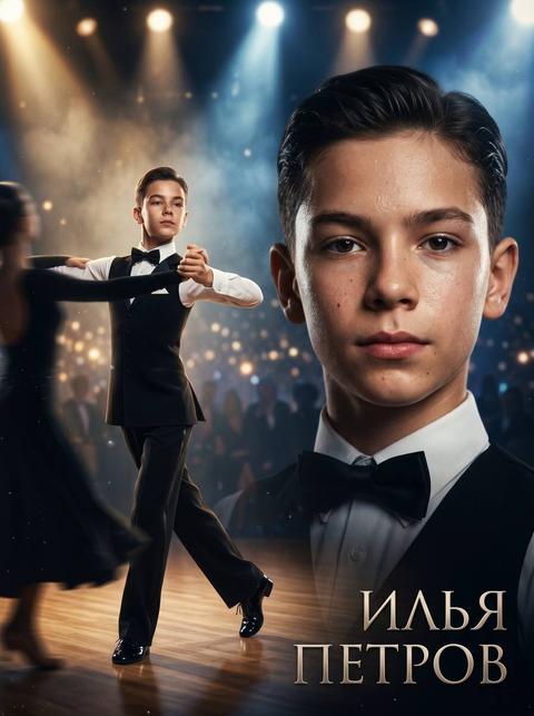 БАЛЬНЫЕ ТАНЦЫ (Мальчик) Создай кинематографичный художественный постер с юным танцором бальных танцев (мальчик), используя референсное фото и максимально точно сохраняя черты лица, пропорции и индивидуальность внешности, с акцентом на реалистичную текстуру кожи без эффекта пластика. Сцена: танцевальный зал или сцена для соревнований по бальным танцам. Атмосфера элегантная и торжественная, с драматичным сценическим освещением (прожекторы сверху и контровой свет), легкая дымка создает глубину. Композиция: На переднем плане — мальчик в полный рост в танцевальной позе (поворот, ведение партнера или финальная стойка), с четкой линией корпуса и уверенной постановкой рук. Динамика: плавность движения, ощущение контроля и ритма. Возможен силуэт партнерши вне фокуса или частично в кадре, но главный акцент на ребенке. На заднем плане — крупный портрет того же мальчика, с точным сохранением лица с референса, уверенный, сосредоточенный взгляд. Важное требование (референс): Сохранить идентичность лица: форма глаз, носа, губ, пропорции. Не «взрослить» внешность. Реалистичная кожа: естественная текстура, поры, легкие несовершенства, без сглаживания и «пластика». Без чрезмерной ретуши. Максимальная узнаваемость. Внешний вид: Классический костюм для бальных танцев (рубашка, жилет или пиджак, брюки). Возможны элементы: бабочка или галстук. Танцевальная обувь. Аккуратная прическа. Естественное телосложение ребенка. Фон: Танцевальный паркет. Размытые огни сцены или силуэты зрителей. Прожекторы, создающие световые лучи. Глубина сцены с мягким боке. Цветовая палитра: Классические оттенки (черный, белый, темно-синий). Теплый сценический свет (золотистый). Контраст света и тени. Сдержанные элегантные акценты. Текст: Имя и фамилия: «{FULLNAME}». Шрифт: элегантный, строгий, с классическими линиями. Стиль: Гиперреализм с сохранением likeness, Cinematic lighting, Soft dramatic contrast, Ultra detailed (особенно кожа и ткань), Depth of field, Эстетика движения. Эффекты: Легкая дымка и световые лучи, блики на паркете, мягкие светящиеся частицы и искры (очень деликатно), подчеркивание текстуры ткани и реалистичной кожи, легкое ощущение движения. Атмосфера: элегантность, дисциплина, уверенность, контроль, эстетика движения, сцена, стремление к совершенству. Другой текст кроме имени и фамилии не добавляй. На русском языке.