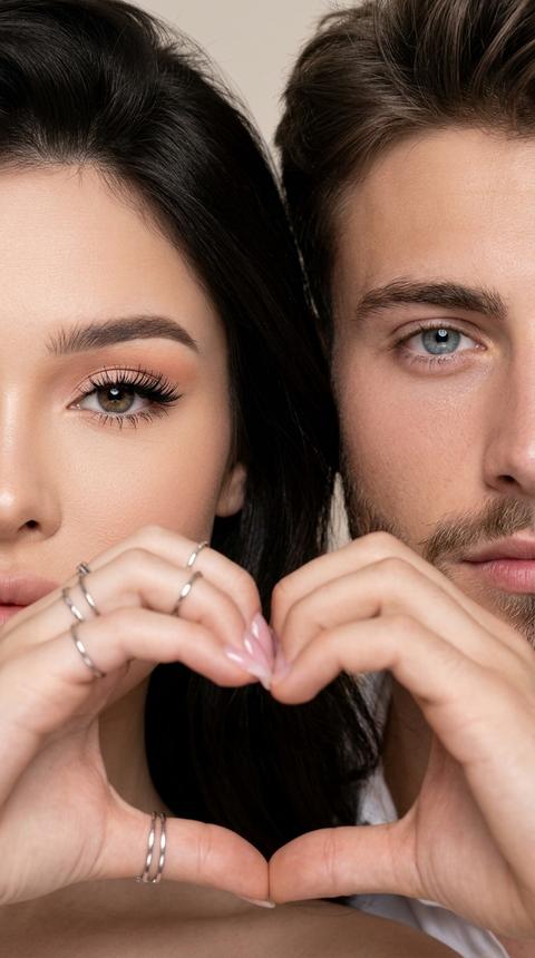 A close-up, frontal photograph in which the faces of two models, viewed from the front, are positioned very close to each other, potentially touching the central vertical axis of the frame. The image has a slightly cinematic or heightened texture with deep colors and sharp focus on the eyes.
The first model occupies the left half of the image. Only her right eye and half of her face are visible in the cedar.
The second model occupies the right half of the image. Only her left eye and half of her face are visible in the cedar.

Each of them raises their hands and clasps their fingers together, forming a heart shape around the center of the frame, looking directly at the camera.

The woman's hair is styled with soft volume at the roots, with individual strands neatly framing the face.

The woman wears eyeshadow in soft pastel shades (peach, beige, light pink) with a smooth transition to a darker tone at the outer corner of the eye. Black eyeliner with a slight "wing" accentuates the shape of the eyes. Her eyelashes are long and voluminous, thickly coated with black mascara. Her lips are covered with a soft pink gloss with a subtle shimmer.
The woman's skin appears perfectly smooth and matte.

She wears thin, metallic silver rings (#C0C0C0) on her hands, and her nails are carefully painted with a translucent pink finish (#F5C6CF).

The location is a neutral, light background with no texture (#F4F4F2). The space is minimalist, devoid of any additional objects, focusing entirely on the faces and hand gestures.

Studio lighting is soft, diffused, from the front, evenly illuminating the faces and hands. Shadows are soft and virtually absent. Contrast is low, and the highlights on the skin and jewelry are soft and controlled.

Shot with an 85mm lens, shallow depth of field with sharp focus on the eyes and hands. The background is completely blurred, highlighting the skin, eyelashes, and fabric texture. Studio beauty portrait, highly detailed, photorealistic.

clean soft beauty mood,
neutral soft color temperature,
dominant beige and soft pink tones,
low saturation,
low contrast with smooth transitions,
diffused frontal lighting,
very soft shadow edges,
subtle highlight sheen,
clean detailed texture with minimal grain,
slight softness,
beauty editorial color grading. Do not change facial features