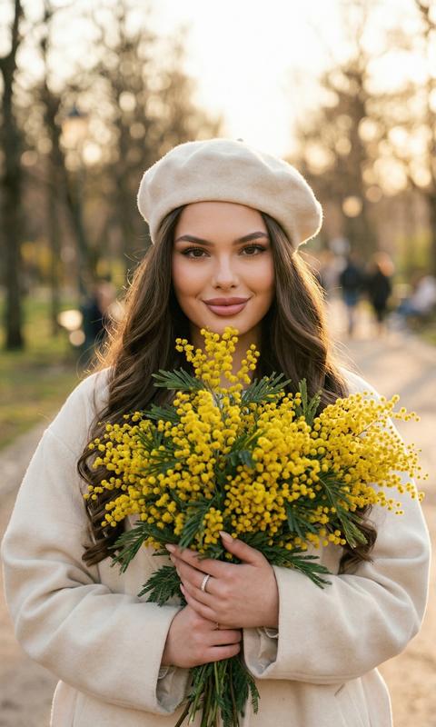 Создай крупный портрет, не меняя черты лица Кинематографический портрет с добавлением зерна девушки. Она смотрит в камеру уткнувшись в букет, стоит лицом к камере. 
На ней оверсайз пальто кремового цвета, на голове такого же цвета стильный берет.
в руках она держит огромный букет из желтых мимоз. 
Волосы уложены в мягкие, крупные волны,  свободно ниспадающие вперед, обрамляя лицо. Ее макияж безупречный, розово-коричневые губы. 
Золотой час
Весна в парке, фон размыт.
Формат 9:16

