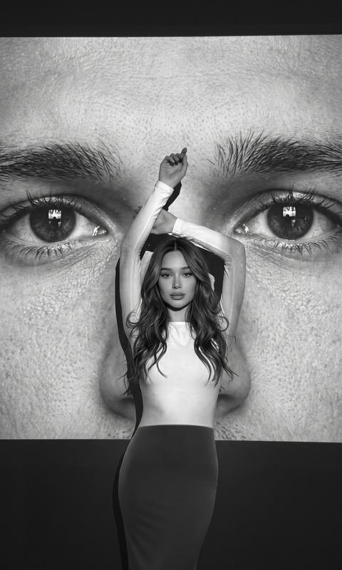 Create a portrait without altering facial features. Black and white composition: in the foreground, a slender girl in a tight-fitting long white dress. She stands facing the camera, her hair wavy, makeup flawless, lips powder brown. Her hands are elegantly raised above her head, one hand sliding over the other. In the background, a gigantic projection of a man's face: a full-frame close-up of his two eyes, thick eyebrows, detailed skin texture, eyelashes, and reflections in the pupils. The merging of figures creates the impression that the girl stands within his gaze. Lighting is soft, side, with smooth shadows, the mood is mysterious, cinematic, with a slight hint of obsession. Horizontal 9:16 format, ultra-realistic artistic photo style, shot as if on an iPhone 17 Pro.