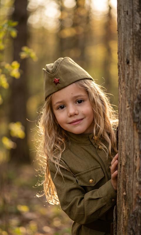 Without altering the girl's facial features, dressed in a historical Soviet World War II military uniform (gymnastyorka) and a pilotka (garrison cap) with a red star. The girl smiles slightly, looking at the camera from behind a tree trunk. Soft natural golden hour lighting highlights the fabric texture and strands of hair. The background is blurred (bokeh effect), creating an atmosphere of deep spring in the forest. Photographic style, high detail, realism, warm earthy tones, cinematic composition.
Girl without shoulder boards
