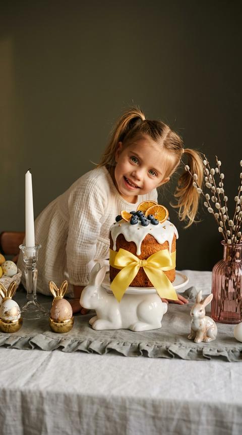 Retain the girl's appearance from the photo, hair color and length. The girl is captured on a table, looking into the camera. She is leaning over a festive table in a cozy, almost fairy-tale home setting. The girl is sitting on the table, a Paschal kulich is several centimeters away from her, and she has two pigtails.

Clothing and style: A light dress made of white muslin (crinkled cotton) with sleeves. Style: "rustic", "cottagecore", natural fabric aesthetic.

Details of the festive table:
Central element: A tall Paschal kulich on an elegant white ceramic stand, the base of which is shaped like a reclining rabbit figure. The kulich is decorated with white icing, blueberries, and dried orange slices, tied with a wide, bright yellow satin ribbon with a lush bow.
Candles and candlesticks: In the foreground is a tall white tapered candle in a ribbed transparent glass candlestick.
Decor and figurines: A small white porcelain figurine of a sitting rabbit. Gilded stands in the shape of a bunny outline, holding colored eggs: bright yellow with a floral print, soft lime green, and rich red.
Floristry: To the right, in a transparent pink vase, are thin willow branches with fluffy grey buds.
Textile: The table is covered with a white linen tablecloth, over which lies a grey runner with ruffles along the edges.

Lighting and color correction: Soft, directed side lighting (window light effect), creating deep but warm shadows. The color palette is maintained in earthy and milky tones with contrasting accents of yellow, red, and gold. Overall processing style: "film" aesthetic, high contrast, deep shadows, and soft highlights.

Angle and technical parameters:
Angle: From the side, at table level, to create an intimate and chamber atmosphere.
Depth of field: Shallow depth of field (bokeh). Focus is on the girl's face and the central kulich, while the foreground and background have a soft blur.
Style: Kinfolk, professional artistic photography, high detail of textures (fabric, icing, wood).
Background: A minimalist wall of deep grey-olive color, creating a calm and deep background for the bright details on the table. 3:4