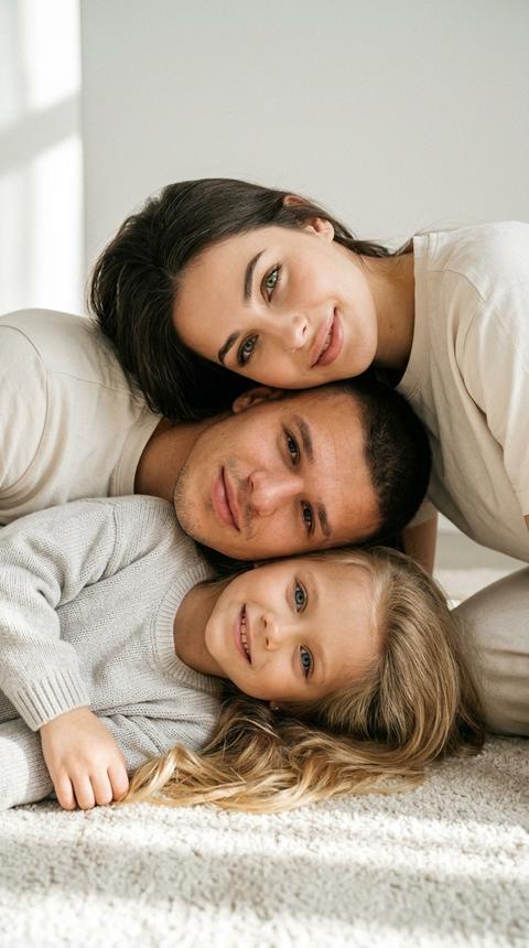 Do not change facial features. Cinematic effect with added grain. Ultra-realistic portrait, 8K quality. Aspect ratio 9:16. Photo in "intimacy portrait" style: man, woman, and child lying close to each other, looking at the camera. Woman on top, head slightly tilted, with a soft smile. Man in the center, with a slight smile, direct gaze. Child at the bottom, smiling, lively gaze. All in light, casual clothes. Background neutral, light. Composition compact, warm, emphasizing family connection. Lighting soft, natural.