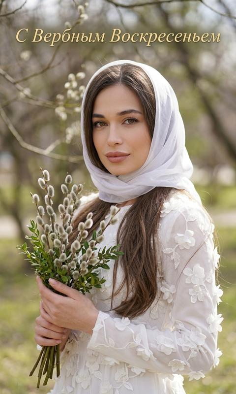 Не меняя внешности девушки  с фото, перед нами нежный и проникновенный кадр, в котором девушка  с длинными волосами, слегка развевшимися по плечам, задумчиво держит в руках букет пушистых веточек вербы. Её светлое  платье  с рукавами, , украшено множеством воздушных тканевых цветов, на голове полупрозрачный платок . она  повернута в полу профиль,  взгляд  направлен в камеру , нежная улыбка,  взятых в руки ветки , в которых мягкие белые серёжки вербы выделяются на фоне приглушённой зелени и размытых в глубине кадра тонких веток деревьев. Свет мягко падает сверху и немного сбоку, подчеркивая естественную текстуру ткани платья и шелковистость волос, создавая плавные, едва заметные тени на лице и руках, что придаёт композиции атмосферу спокойствия и тёплого весеннего утра. Безупречный макияж, нежно розовые губы. фотореалистичное изображение, высокая текстурная детализация, высокое качество, разрешение 8K.
9:16
вверху надпись красивым «золотым» шрифтом 
«С Вербным Воскресеньем»