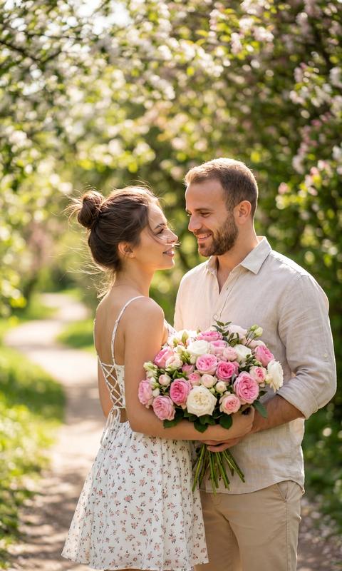 Кинематографический близкий портрет мужчины и женщины 
Формат 9:16
Солнечный день, они стоят на фоне аллеи цветущего парка. В кадре много зелени и размытый фон (боке) от деревьев.
На ней легкое белое короткое платье в мелкий цветочек с открытой спиной на шнуровке
Волосы собраны в небрежный пучок, несколько выбившихся прядей развеваются на ветру. 
В руках букет большой кустовых роз 
На нем светлая льняная рубашка с закатанными рукавами, бежевые чиносы
Легкая улыбка, взгляд направлен на девушку.
Яркий естественный свет, солнечные лучи пробиваются сквозь листву, создавая на них блики
Смотрят друг на друга