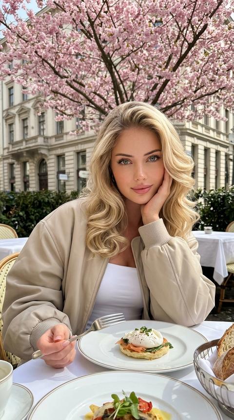 use my reference photo, transfer the face from the photo without changing it. Shot on iPhone 17 Pro Max rear camera, raw iPhone photo, ultra realistic bright spring restaurant portrait. Woman seated at an outdoor café table under a blooming pink cherry blossom tree, centered in frame, body facing forward, head slightly tilted, soft smile, one cheek resting lightly on one hand, the other hand relaxed on the table holding cutlery. White fitted strapless top under an oversized light beige bomber jacket with voluminous sleeves and ribbed cuffs. Hair fully loose in a polished voluminous blowout with soft body and large brushed waves falling over the shoulders. White tablecloth, elegant white plates, refined breakfast dish, bread basket, bright midday sunlight, crisp shadows, classic European building façade in the background, pink blossoms filling the upper frame. True iPhone realism, subtle natural grain