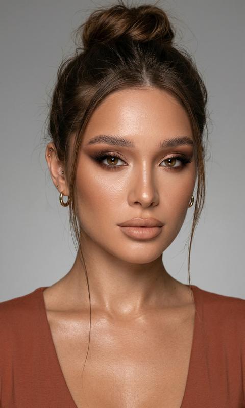 Do not change the face, facial features, or body proportions. Maintain exact identity and natural facial structure and hair color. Maximum resemblance to the original photo.
Vertical format 9:16, Vogue style, ultra-realistic high-end beauty editorial shoot.
Photorealistic portrait of a woman, close-up (shoulders up), slight head turn, gaze languid, confident, directed at the camera.
Hair gathered in a messy high bun, with thin strands released around the face, one long strand falling along the face; natural hair texture with a slight sheen. Small gold hoop earrings and minimalistic ear piercings.
Makeup (strictly replicate):
Intense soft glam with emphasis on the eyes; eyeshadows in warm brown-bronze tones with darkening in the outer corner and soft blending towards the temples; expressive darkened outer corner ("elongated eye" effect), clear definition of the eyelid crease; light shimmer (satin glow) on the center of the mobile lid and in the inner corner of the eye; lower lid carefully worked with dark brown eyeshadows with soft smoky blending; black tightline; long, thick, voluminous cat-eye effect lashes; eyebrows thick, natural, slightly raised and clearly defined;
Skin with a warm bronze undertone, pronounced sculpting (sharp cheekbones, darkening along the contour of the face and nose), highlighter with a wet-look effect on the cheekbones, bridge of the nose, collarbones, and shoulders; warm peachy-bronze blush;
Lips – nude beige-caramel shade, dense matte-cream finish with a soft gloss in the center, clear contour slightly darker with a slight overline. Velvety skin without fine lines.
Skin: maximally detailed - micro-relief, natural skin glow, without a plastic effect and without excessive smoothing, subsurface scattering, natural skin rendering.
Outfit: a form-fitting top in a warm terracotta shade with a deep neckline, emphasizing the neck and collarbone line.
Lighting: soft studio light from the front with a slight accent from above, evenly illuminating the face; additional soft rim light to separate from the background; delicate highlights on the skin, no overexposure, emphasis on skin texture.
Background: neutral gray studio background, minimalism.
Camera: Fujifilm GFX 100, 100mm lens, shallow depth of field, hyper-detailed iris, RAW, 8K.
Settings: 85mm, f/1.8, ISO 100, shutter speed 1/125s, sharp focus on the eyes, slight natural grain.