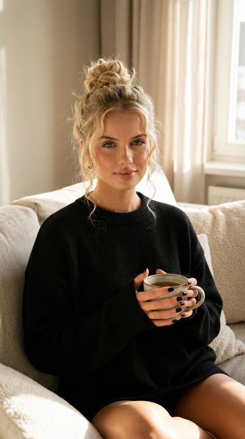 Ultra-detailed morning shot of a female character at home, relaxing in a cozy space.
Female character: сидит на диване, слегка наклоняя голову, с расслабленным выражением лица, наслаждаясь утренним светом; на ней объемный мужской чёрный свитер большого размера, волосы собраны в небрежный пучок, с несколькими локонами, спадающими на лицо. В руках кружка чая 
Hairstyle: лёгкий беспорядочный пучок с мягкими завитками, придающими образу естественность и расслабленность.
Makeup: лёгкий утренний макияж, ресницы густо про крашенные, с минимальным количеством средств, акцент на увлажнённой коже, лёгкий румянец и нюдовые губы в блеске.
Shimmer: естественное свечение на коже, подчёркивающее её свежесть и здоровый вид.
Nail color: чёрные короткие
Lighting & mood: мягкий, тёплый утренний свет, проходящий через окно, создающий мягкие тени на лице и одежде; светлый фон, создающий атмосферу утреннего комфорта и уюта.
Background: уютная комната с нейтральными тонами, утренний свет, льющийся через окно, создаёт атмосферу покоя и расслабленности.
Composition: кадр вертикальный, камера на уровне груди, с лёгким боковым освещением, подчеркивающим расслабленную атмосферу и естественность момента.
Вайб: спокойный, уютный, с элементами комфорта и тепла домашнего утра.
Она смотрит в камеру
Кинематографический эффект с добавлением зерна
Ресницы пышные
Строго!!! Не меняй черты лица