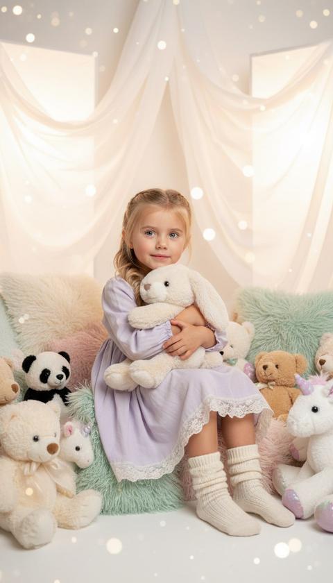 ⚜️⚜️⚜️⚜️⚜️⚜️
Фотореалистичная студийная фотография девочки 5–7 лет. Она сидит среди множества мягких игрушек и подушек, аккуратно обнимая плюшевого зайца. Лёгкая улыбка, спокойный взгляд. На ней платье пастельного цвета из мягкой ткани, тёплые носочки. Волосы аккуратно уложены, возможна мягкая коса или распущенные локоны. Фон — светлая студия с воздушными тканями, мягким светом и декоративными элементами. Освещение тёплое, рассеянное, создаёт сказочную, уютную атмосферу. Высокая детализация кожи, волос и текстиля. Не меняй черты лица 