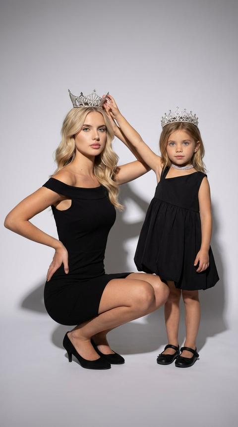 A photo of a woman and a child, standing side by side in a studio. The woman is positioned on the left, squatting, with her body turned three-quarters to the camera, one hand resting on her hip, the other raised and holding a crown on her head. The child is standing on the right, facing forward, one hand raised and touching the crown, the other lowered by her side, looking into the camera. The woman's makeup is neat and studio-style: an even, matte skin tone, soft, neutral eyeshadow on the eyelids, a thin line of eyeliner along the lashes, elongated lashes without excessive volume, and lips with a pinkish-nude shade and a satin finish.

The woman is wearing a sleeveless, off-the-shoulder, fitted black dress, above the knee, in a smooth, matte fabric. The child is wearing a black sleeveless dress with asymmetrical shoulders and a slightly voluminous skirt, above-the-knee length, in a matte fabric.

Both are wearing silver metal crowns with an openwork pattern and small decorative elements. The child is wearing a choker with sparkling stones.

The woman is wearing black closed-toe shoes with a small heel, while the child is wearing black flat-soled strappy shoes.

The woman's hair is styled in soft waves and parted to the side.

The setting is a minimalist photo studio with a plain light gray background.

The studio lighting is directional, with the main source positioned frontally and slightly overhead, creating crisp shadows behind the figures in the background. The light emphasizes the shapes of the dresses, crowns, and the contours of their bodies. The shadows are prominent, medium-contrast, with sharp edges, and the background is evenly lit with a slight brightness gradient.

Photorealistic photography, high detail on skin, fabric of dresses, metal crowns, and shoes, moderate depth of field, slightly blurred background without pronounced bokeh, shot on a 50mm portrait lens, highly detailed, photorealistic. Faces are not altered. Не меняй черты лица 