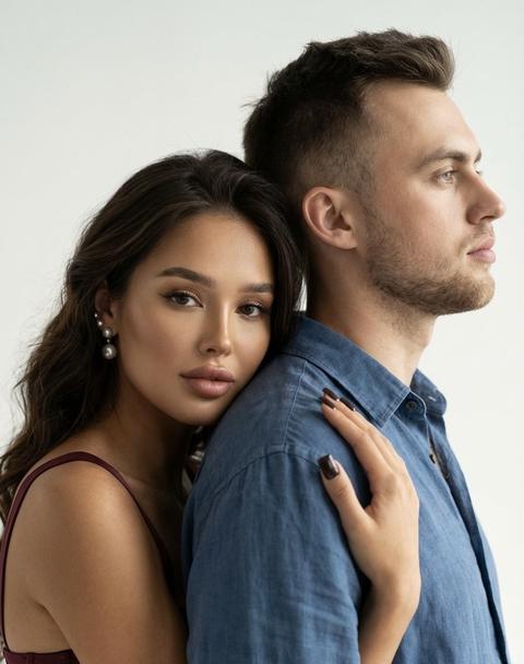 Создай крупный портрет, Не меняя черты лица.  кадр запечатлевает интимный спокойный момент между мужчиной и женщиной на светлом почти белом фоне с мягким контрастом, подчеркивающим силуэты. Мужчина в профиль вправо:  слегка приподнятый подбородок, нейтральное сосредоточенное выражение, кожа при мягком рассеянном свете с натуральной текстурой. В голубой льняной свободной рубашке . Женщина опирается левым плечом на спину мужчины, она смотрит в камеру; макияж безупречный.  Слегка загорелая  кожа. Длинные волнистые  волосы  с жемчужными серьгами. на ней бордовое корсетное платье. Правая рука на плече мужчины, пальцы согнуты, ногти в темный лак, квадратной формы .  Освещение создает плавные светотени на коже и ткани, придавая нежную, глубокую атмосферу теплоты и близости. Цвета приглушенные, мягкие, с кинематографическим светом, объемной живой сценой. Фотореалистично, высокая текстурная детализация, 8К.