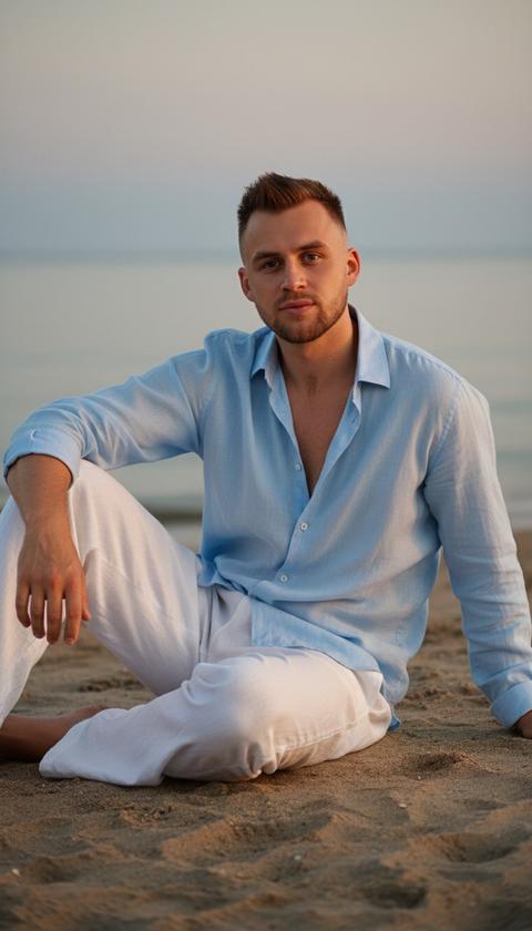 Создай портрет, не меняя черты лица. Портрет мужчины в полный рост, сидящего на песчаном пляже в сумерках. На нем белые льняные свободные брюки и голубая свободная рубашка, слегка растегеутая . Он сидит немного согнув колени, в уверенной, расслабленной позе. Освещение мягкое, теплое, напоминающее «золотой час», на фоне туманная гладь воды и приглушенный серо-голубой горизонт. Он смотрит в камеру,Атмосфера спокойная, кинематографичная, высокая детализация кожи и ткани, стиль современной фэшн-съемки.
Ключевые параметры (на случай, если захотите уточнить детали):
Стиль: Fashion photography, Cinematic lighting.
Цветовая гамма: Сочетание теплого золотистого света на коже и холодных сине-серых тонов фона.
