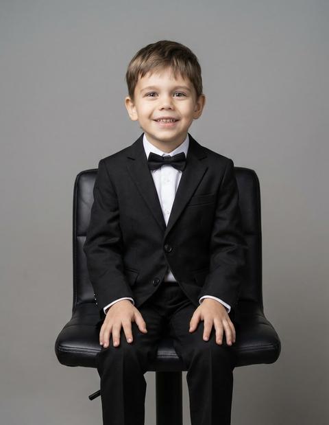 “Гиперреалистичный портрет  мальчика, сидящего на черном барном стуле. Он одет в элегантный черный костюм с белой рубашкой и черным галстуком-бабочкой, сочетая стиль с белыми кроссовками для современного акцента. Мальчик улыбается, его выражение лица — яркое и радостное. Съёмка с прямым ракурсом, с акцентом на его смелый и веселый образ. Фон нейтральный и минималистичный, что подчеркивает его стиль и изысканный внешний вид. Мягкое освещение, подчеркивающее текстуры ткани и его естественные черты. Используйте гиперреализм и высококачественную проработку деталей, 8K.”
