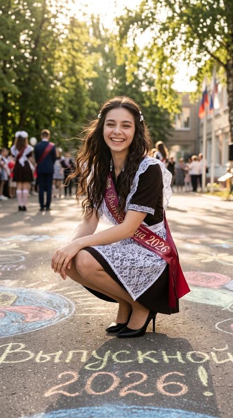 На фотографии изображена девушка, одетая в школьную форму с белым фартуком и лентой выпускника и черные туфли на высоком каблуке 
Девушка улыбается, демонстрируя беззаботную, наивную радость. 
Она сидит на корточках элегантно, на асфальте на котором цветными мелками написана надпись большая «Выпускной 2026!» 
Её волосы, немного волнистые, развеваются на лёгком ветерке. 
По бокам заколоты белыми заколками 
Длинные 
Освещена мягким, тёплым светом, который выделяет её лицо и детали формы. Солнечные лучи, пробиваясь сквозь деревья на заднем плане, создают мягкие блики на её лице и на цветах, добавляя уюта и нежности. Фон изображения размытый, представляет собой школьную линейку с людьми в далеке 
Формат 9:16