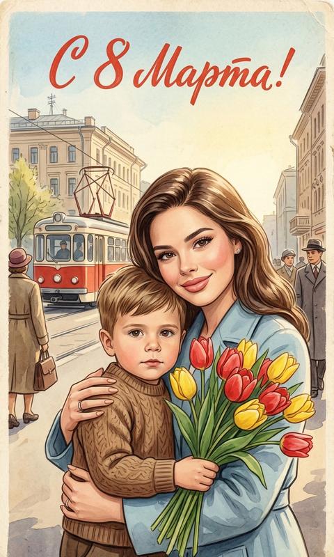 Use the uploaded image as a reference for faces and poses. Maintain full facial resemblance: eye shape, eyebrows, nose, lips, face oval, age characteristics, proportions. Preserve the body positions, head tilt, embrace, hand placement, character composition. Do not change facial features, do not replace people, do not change age and ethnicity.
Redraw the scene in the style of a vintage Soviet postcard from the 1950s-60s. Soft painterly illustration, warm pastel palette, light paper texture, printed postcard effect.
Plot: a mother and child embracing on a spring city street, holding bright tulips. In the background: a retro tram, Soviet architecture, passers-by in coats. Spring atmosphere, soft sunlight.
At the top of the postcard, the inscription: "Happy March 8th!" in red vintage font.
Illustrative style, high facial detail, neat lines, soft watercolor wash, vertical 3:4 format.