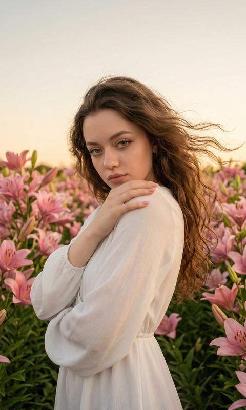 STRICTLY maintain appearance 1:1 — face, features, proportions, skin texture unchanged. 3:4 format. Photorealistic photo among pink lilies. Camera strictly at chest level, cropped from waist to crown. Girl stands 3/4 turned to the left relative to the camera. Right arm raised and resting on the left shoulder, palm fully touching the shoulder. Left arm crosses the torso and rests under the right elbow, not hanging down. Shoulders slightly raised, pose composed, no variations. Head tilted to the right towards the shoulder, chin slightly lowered, gaze strictly at the camera. Hair swept back and to the right by the wind. Clothing: white light dress with long flared sleeves. Background densely filled with pink lilies on the sides and behind, pure blue sky above. Warm soft golden hour sunlight, low contrast, slight skin glow, photorealism.