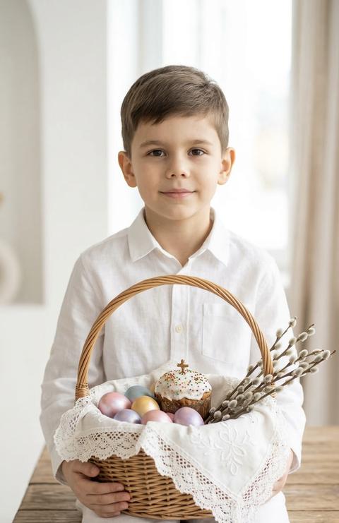 Портрет мальчика одетого в белую рубашку и белые брюки Он держит в руках корзинку плетеную, в ней яйца крашенные перламутровые, пасха с посыпкой, и верба, частично прикрыто все белым ажурным платком, выражение лица спокойное, уверенное с легкой улыбкой , взгляд направлен прямо в камеру. Фон — светлая комната с солнечным светом. Стиль фотографии фотореалистичный, современный, с акцентом на чистоту деталей и натуральность внешности. Освещение мягкое, студийное, равномерно освещающее лицо и форму, без жёстких теней, подчёркивающее текстуру ткани и естественный тон кожи. Атмосфера спокойная, трогательная, передающая чистоту, аккуратность и символичность образа. Крупный портретный план, высокая детализация лица, резкий фокус на глазах, малая глубина резкости, профессиональная портретная съёмка, объектив 85mm, f/2.0, ultra realistic, natural skin texture, sharp focus, soft background blur, 8k resolution, high detail, professional photography.