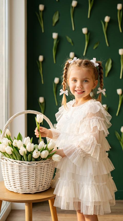 Нежная сцена в интерьере с маленькой девочкой в белом платье с полупрозрачными рюшами, стоящей рядом с большой белой плетений корзиной, полной белых тюльпанов. Она достает один из корзины Девочка с волосами, заплетенными в маленькие хвостики, украшенные белыми бантиками. На фоне темно-зеленая стена, украшенная аккуратно приклеенными белыми тюльпанами, создающими легкий, весенний и нежный вид. Свет мягкий и теплый, падающий на девочку и цветы, создавая уютную атмосферу, будто утреннее солнце освещает пространство. Все элементы композиции простые, но стильные, передающие атмосферу веселья, нежности и свежести весны.
Стиль raw 
Редакционный стиль
Не меняй черты лица