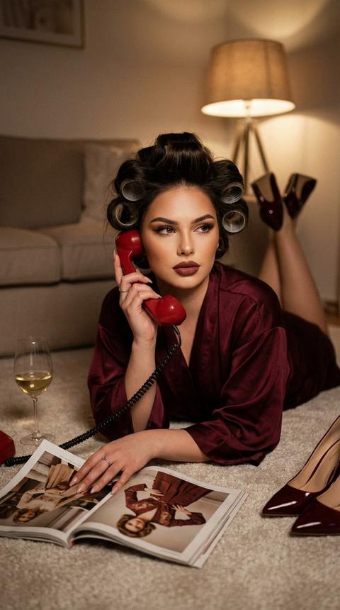 Женщина лежит на животе на светлом ковре в гостиной, ее тело повернуто к камере, локти упираются в пол. Одна рука держит красную ретро-телефонную трубку у уха, другая лежит на открытом журнале. Ее взгляд направлен на средний план от талии до головы, ракурс на уровне глаз. Композиция плотная, с акцентом на лице, телефонной трубке и объектах на переднем плане.

У нее теплая, матовая кожа, затемненные тени теплых коричневых оттенков, четкая, графичная стрелка вдоль линии ресниц, длинные ресницы и насыщенная, матовая помада цвета бургунди.

Волосы уложены крупными горячими бигудями по всей голове, создавая объемную форму, с отдельными прядями, аккуратно уложенными вокруг лица.

На ней шелковый халат цвета бургунди с широкими рукавами. Рядом на полу лежат открытый модный журнал, бокал белого вина и пара туфель на высоком каблуке с глянцевым покрытием.

Обстановка представляет собой уютную гостиную с мягким диваном на заднем плане, настольную лампу с тканевым абажуром, отбрасывающую теплое свечение. Пространство слегка затемнено, фон размыт, передний план ярче, а ковер имеет выраженную мягкую текстуру.

Освещение теплое искусственное, основной источник — лампа на заднем плане и дополнительный мягкий фронтальный свет, создающий мягкий рисунок светотени на лице. Тени умеренные, без резких краев, контраст средний, блики на телефоне и стекле контролируемые, общее освещение теплое, создающее ощущение винтажа.

Снято на объектив 50 мм, малая глубина резкости с резким фокусом на лице и телефоне, фон мягко размыт, присутствует легкое зерно, а текстура кожи, ткани и предметов очень детализирована. Это стилизованная интерьерная фотография, очень детализированная, фотореалистичная.

теплое винтажное кинематографическое настроение,
доминирующие янтарные и коричневые тона,
от умеренной до высокой зернистости,
средний контраст с мягкими тенями,
теплое вольфрамовое освещение,
тонкое свечение бликов,
насыщенные теплые тона кожи,
легкий эффект виньетки,
приглушенная общая насыщенность,
цветокоррекция в стиле ретро-пленки.