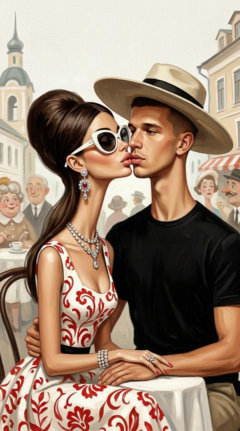 A surreal mid-century editorial illustration depicting an eccentric version of a couple of people, a girl kissing a man in a photograph and in a stylish location in Yaroslavl. elongated proportions, exaggeratedly narrow faces, unflappable expressions, oversized accessories, whimsical fashionable atmosphere, picturesque brush textures, distorted anatomy, subtle low-grade surrealism, sophisticated absurdity, bright retro-style color palette dominated by white, black, beige and red, expressive oil painting strokes, fashionable vintage clothing, spectacular jewelry and glasses, whimsical characters in the background, softly blurred in the distance, elegant cafe culture energy, cinematic composition, textured background, contemporary art gallery and illustrations of the 1960s Riviera, highly stylized editorial aesthetics, vertical composition 4:5