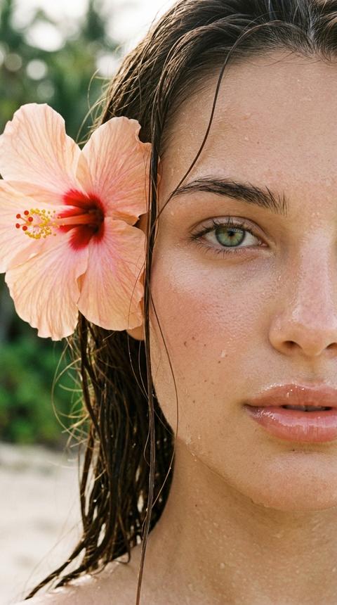 Strictly preserve the girl's appearance from the photo, her features and proportions 1:1. Ultra-realistic extreme close-up portrait of a girl with natural glowing skin, a wet effect on the skin, and glossy expressive lips. Only half of the face is visible in the frame, one eye softly looking into the camera. Hair wet from sea water frames the face with thin strands. A large hibiscus flower of a soft pink and peach hue with a bright red center and yellow stamens is located at the temple, partially covering the face. Blurred tropical green background, soft natural daylight, humid summer atmosphere, editorial beauty shoot, shallow depth of field, high detail of skin texture, natural makeup, intimate composition, film photography aesthetic, warm tones, soft focus. Natural beauty, tropical editorial shoot, fashion magazine style, natural skin imperfections, realistic pores, without heavy retouching, organic composition, soft bokeh. Light is textural and volumetric, falling and accentuating facial features. Makeup is light, natural, light contouring, blush as if from slightly sun-kissed skin.