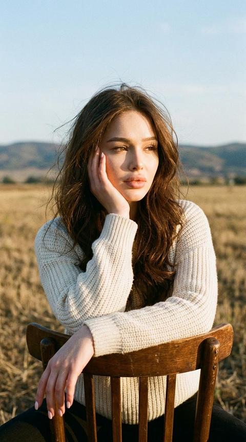 Strictly preserve appearance 1:1 — face, features, proportions, skin texture, hair length and color. Format 3:4. Photorealistic photo in nature. Camera: 35mm film look, 50mm lens, f/2.0, ISO 200, 1/500, light soft-focus. Medium shot, camera at chest level. Location: dry field, distant hills, open sky. Pose: a girl sits on a wooden chair; body straight towards the camera, right hand supporting her cheek, elbows on the backrest of the chair; left hand resting loosely on the chair. Head slightly tilted to the right, gentle gaze directed into the distance to the right, past the camera. Hair loose, wavy, slightly wind-blown. Clothing: light knitted sweater. LIGHT: golden hour, warm directional light from the left, soft long shadows. Film grain, light vignette, muted colors, vintage. No borders.