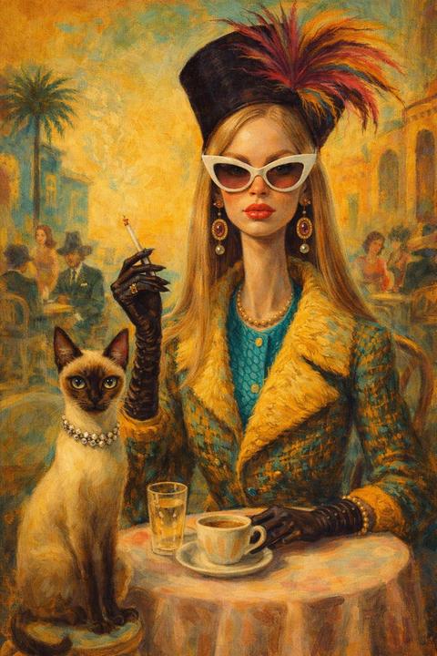 Surreal mid-century editorial illustration of an eccentric version of the person in the photo and a [ANIMAL] inside a stylish [SCENERY], elongated proportions, exaggerated narrow faces, deadpan expressions, oversized accessories, bizarre fashionable atmosphere, painterly brush textures, distorted anatomy, subtle lowbrow surrealism, sophisticated absurdity, vivid retro color palette dominated by [COLOR 1], [COLOR 2], and [COLOR 3], expressive oil-painted strokes, fashionable vintage clothing, dramatic jewelry and eyewear, whimsical background characters softly blurred in the distance, elegant café culture energy, cinematic composition, textured painted background, contemporary art gallery meets 1960s Riviera illustration, highly stylized editorial aesthetic, expressive fashion poses, layered visual storytelling, moody cinematic lighting, rich handcrafted textures, playful surreal elegance, exaggerated perspective, retro luxury atmosphere, artistic imperfection, fashion illustration mixed with fine art painting, vertical composition
4:5.
