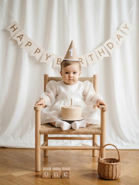 Фотография младенца, сидящего в маленьком детском стульчике. Ребенок смотрит прямо в камеру с нейтральным, спокойным выражением лица, руки расслабленно лежат на подлокотниках. Портрет ребенка в полный рост, симметрично скомпонованный, камера расположена на уровне глаз.

На ребенке бежевый праздничный колпак с белой цифрой 1.

На ребенке белое праздничное платье с объемными полупрозрачными рукавами из органзы. Верх платья гладкий и матовый, а юбка многослойная и воздушная. На ней белые кружевные носочки.

На ее коленях лежит небольшой декоративный торт нейтрального бежевого цвета с минималистичным дизайном. Стул из светлого дерева с мягким фактурным сиденьем.

Место действия — светлая студия с тканевым фоном. Фон украшен белой драпированной тканью с мягкими складками. Позади ребенка – гирлянда из крафтовых флажков с надписью «HAPPY BIRTHDAY», подвешенная на тонкой нити дугой. Пол — деревянный паркет теплых тонов. Внизу кадра — декоративные кубики с буквами «o», «n» и «e» и плетеная корзина.

Освещение мягкое и естественное. Основной источник — рассеянный дневной свет. Свет равномерно освещает лицо и одежду ребенка, без резких перепадов яркости. Тени мягкие, низкоконтрастные, едва заметные под подбородком, руками и стульчиком. Освещение подчеркивает объем платья и текстуру тканей, создавая спокойную, чистую атмосферу.

Снято на портретный объектив 50 мм, умеренная глубина резкости, фон слегка размыт, но все еще различим. Фотографический стиль — естественный, высокодетализированный и фотореалистичный.

Цветокоррекция / анализ визуального стиля:

мягкое воздушное настроение,
нейтральная или теплая цветовая температура,
доминирующие бежевые и белые тона,
низкая или умеренная насыщенность,
мягкий контраст с поднятыми полутонами,
мягкие блики без жестких отсечений,
очень мягкие переходы теней,
естественная передача тона кожи,
легкая естественная цветокоррекция в стиле lifestyle.
