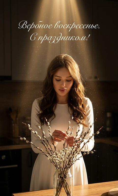 Создай реалистичный портрет, не меняя черты лица.
Женщина украшает веточки вербы к пасхе. Верба украшена минималистично.Женщина одета в белое платье с длинными рукавами волосы волнистые , безупречный макияж. Взгляд направлен на веточки вербы в стеклянной банке. Луч света падает сверху на девушку и вербу. Тёплые золотистые оттенки.
Контраст между светом и тенью, кухня в полумраке.
Частицы пыли видны в луче света.
﻿﻿НАДПИСЬ (ВВЕРХУ ФОТО):
﻿﻿Текст: "Вербное воскресенье. С праздником!"
﻿﻿Шрифт: каллиграфический