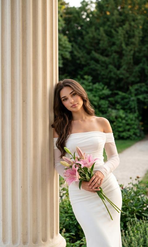 СТРОГО сохранить внешность 1:1 — лицо, черты, пропорции, текстуру кожи, тон кожи, возраст, цвет и длину воло. Формат 9:16. Фотореалистичный женственный candid кадр в парадном саду старой усадьбы. Девушка стоит у высокой светлой классической каннелированной колонны из кремового камня, с вертикальными желобками, массивной. Корпус мягко изогнут, талия слегка смещена, плечи расслаблены. Она нежно прислоняется виском к колонне, голова наклонена влево. В руках букет розовых лилий, букет прижат к талии. Взгляд в камеру, выражение мягкое, чуть мечтательное. Волосы распущены, свободно лежат. Одежда: облегающее молочное платье с открытыми плечами, мягкой драпировкой и длинными полупрозрачными рукавами. Фон: ухоженный сад, тёмная густая зелень в глубине, светлая садовая дорожка. Камера: full frame, 50mm, f/2.8, ISO 250, 1/400. Свет вечерний, лёгкий закат, тёплые мягкие блики, slight underexposure, handheld feel, raw digital texture, fine grain.