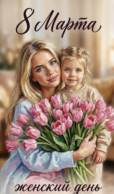 «Гиперреалистичное вертикальное фото 9:16 — точная копия изображения из референса: женщина в светло-голубом розовом и маленький ребенок в бежевом свитшоте, обнимающие огромный букет розовых тюльпанов. Стиль: густая масляная живопись с
выраженными мазками (oil painting, heavy brushstrokes).
На открытке каллиграфическая надпись «8 Марта» сверху и «женский день» снизу. Мягкий солнечный свет, малая глубина резкости, создающая уют и тепло. Не меняй черты лица».