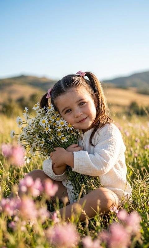 Create a portrait without altering facial features. Photorealistic fashion/editorial photography in a soft, cinematic style.
A child is sitting in a blooming summer meadow, waist-deep in grass, torso slightly turned to 3/4, head gently tilted and pressed against a large bouquet of daisies, which they carefully embrace with both hands;
Vertical shot, medium shot (from waist/hips to crown of the head), camera at eye level or slightly below, slight upward tilt, central composition with the subject subtly shifted to the left.
Foreground filled with blurred pink flowers, creating airy bokeh and depth.
Portrait lens 50-85mm (full-frame equivalent), natural perspective without wide-angle distortions; shallow/medium depth of field (approx. f/1.8-f/2.8), precise focus on the face and flowers.
Natural daylight "golden hour" lighting, soft sun, warm key light from the side and slightly from above, gentle shadows without harsh contrasts, light backlighting illuminates contours and creates a delicate halo in the hair, with soft highlights on skin and fabric.
Color palette is pastel and airy: sky-blue sky, fresh greenery. The child is wearing a milky muslin loose summer outfit.