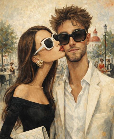 A surreal mid-century editorial illustration depicting an eccentric version of a couple of people, a girl kissing a man in a photograph and in a stylish location in Yaroslavl. elongated proportions, exaggeratedly narrow faces, unflappable expressions, oversized accessories, whimsical fashionable atmosphere, picturesque brush textures, distorted anatomy, subtle low-grade surrealism, sophisticated absurdity, bright retro-style color palette dominated by white, black, beige and red, expressive oil painting strokes, fashionable vintage clothing, spectacular jewelry and glasses, whimsical characters in the background, softly blurred in the distance, elegant cafe culture energy, cinematic composition, textured background, contemporary art gallery and illustrations of the 1960s Riviera, highly stylized editorial aesthetics, vertical composition 4:5